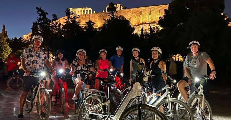 Athens: 2-Hour Highlights Tour by E-Bike After Sunset - Hill of the Nymphs photo stop: the Acropolis lit up at night